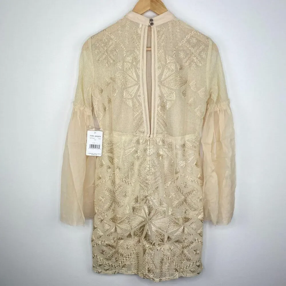 Free People Mini Boho Dress Women Size 0 Cream Embroidered Witch‎ Fairy Concert